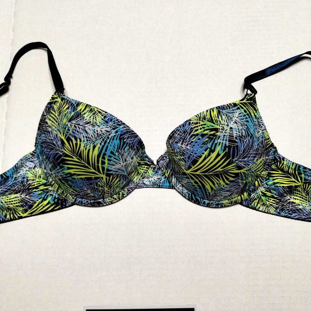 34B Joe Boxer Lightly Lined Blue Green Leaves Abstract Underwire 2 Hook